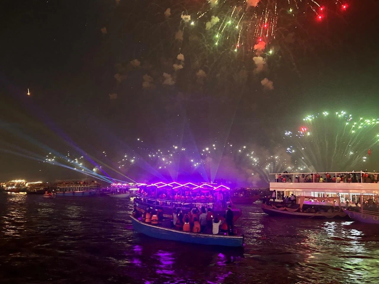 Dev Deepawali in Varanasi, the ghats lit with lakhs of diyas seen from a Kashi & Kin boat on the Ganga