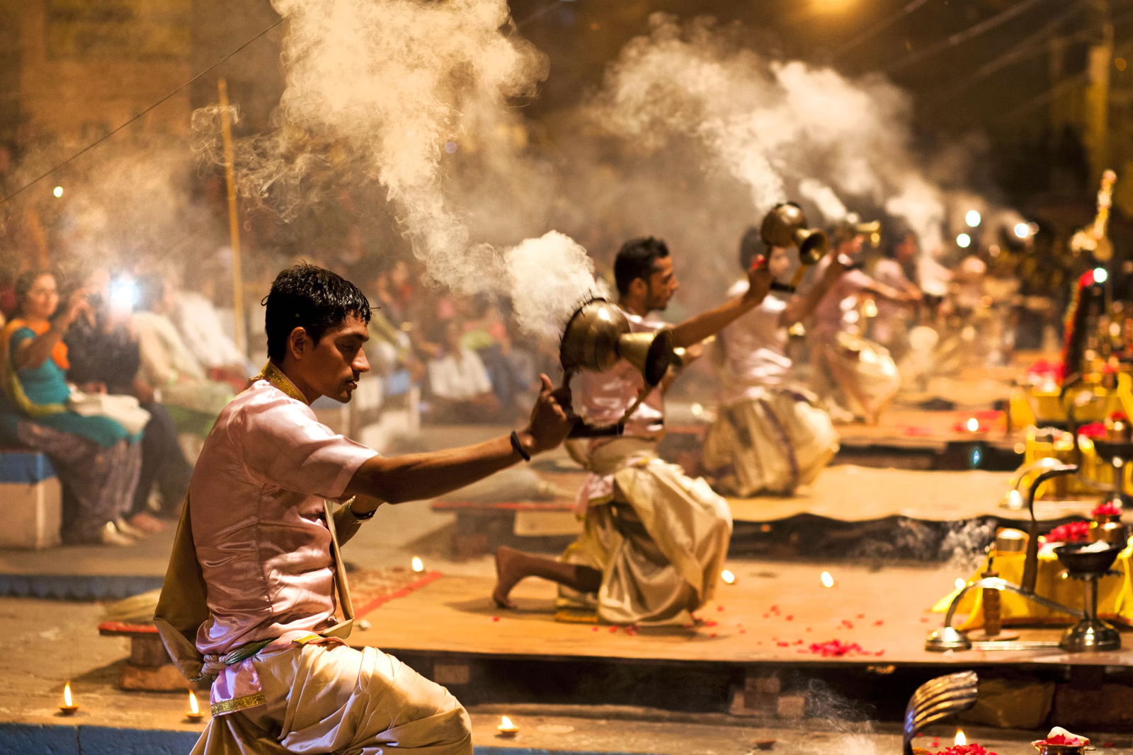 Ganga Aarti ceremony with fire lamps at Dashashwamedh Ghat, Varanasi