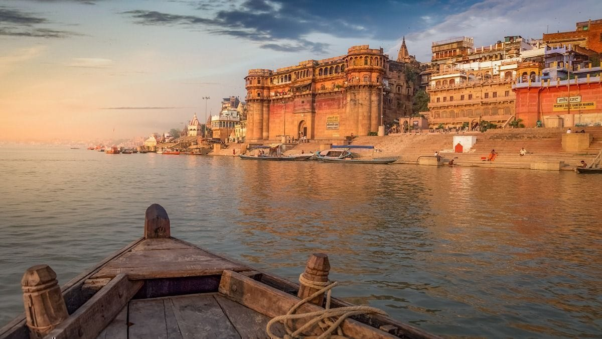 Sunrise over the ghats of Varanasi on the Ganga