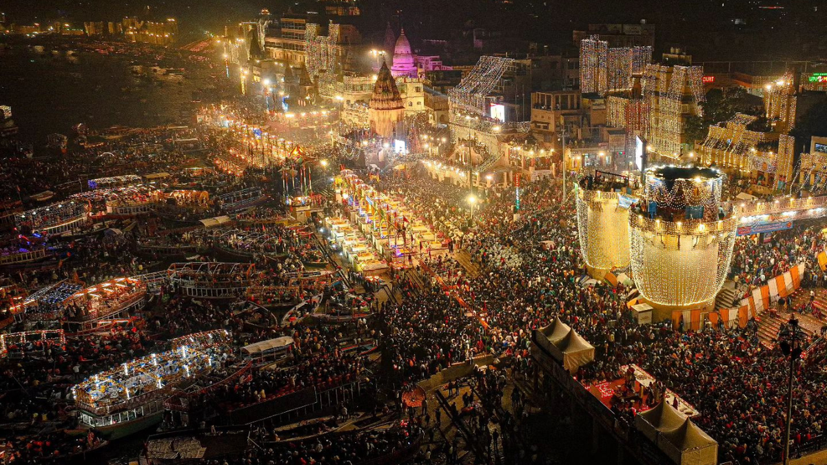 Dev Deepawali in Varanasi with thousands of oil lamps lit along the ghats at night