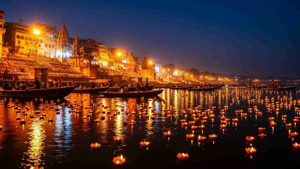 Crowds and lamplight along the Varanasi riverfront on Dev Deepawali
