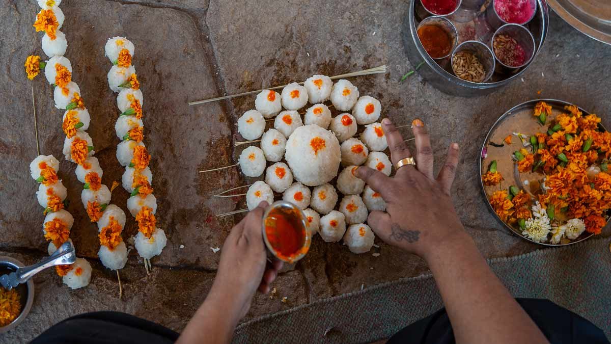 Ritual materials arranged for a pind daan ceremony in Varanasi