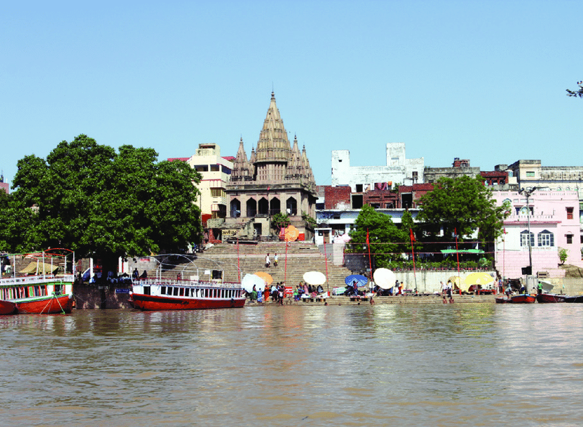 Varanasi ghats and boats along the Ganges riverfront