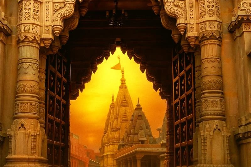 Kashi Vishwanath Temple spire at sunset, Varanasi